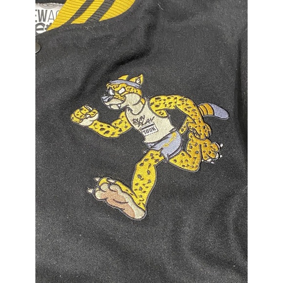 New Age CEOs Varsity Bomber Jacket Black/Yellow Run The Play Embroidered Cheetah - Picture 8 of 12